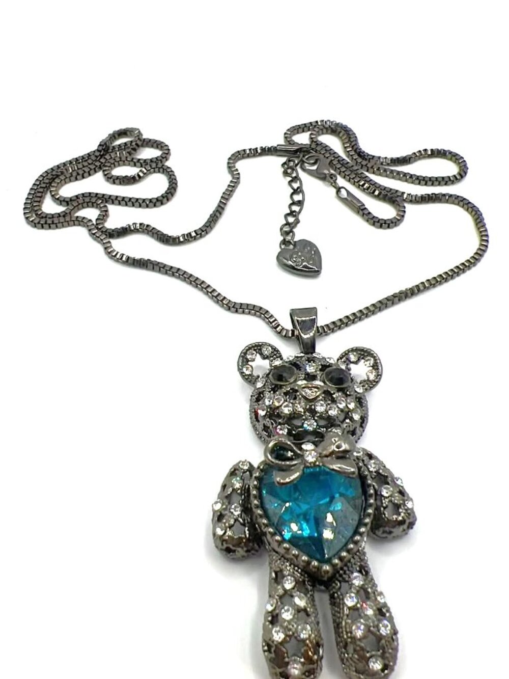 Betsey Johnson Gunmetal Teddy Bear Necklace w/ Blue Heart Gem